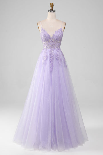 Sparkly viola chiaro A-Line Spaghetti Straps abito lungo da ballo con perline